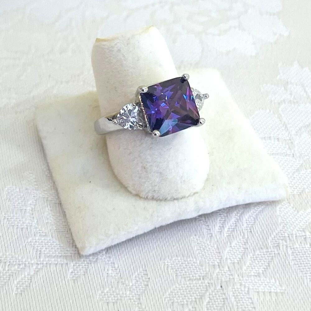 Pink Princess Cut & Clear Heart Cubic Zirconia CZ Ring Statement Costume Jewelry